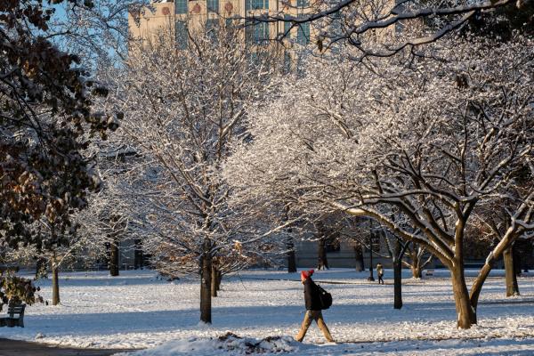 A student strides across the snowy Oval, with snow-covered trees in the background