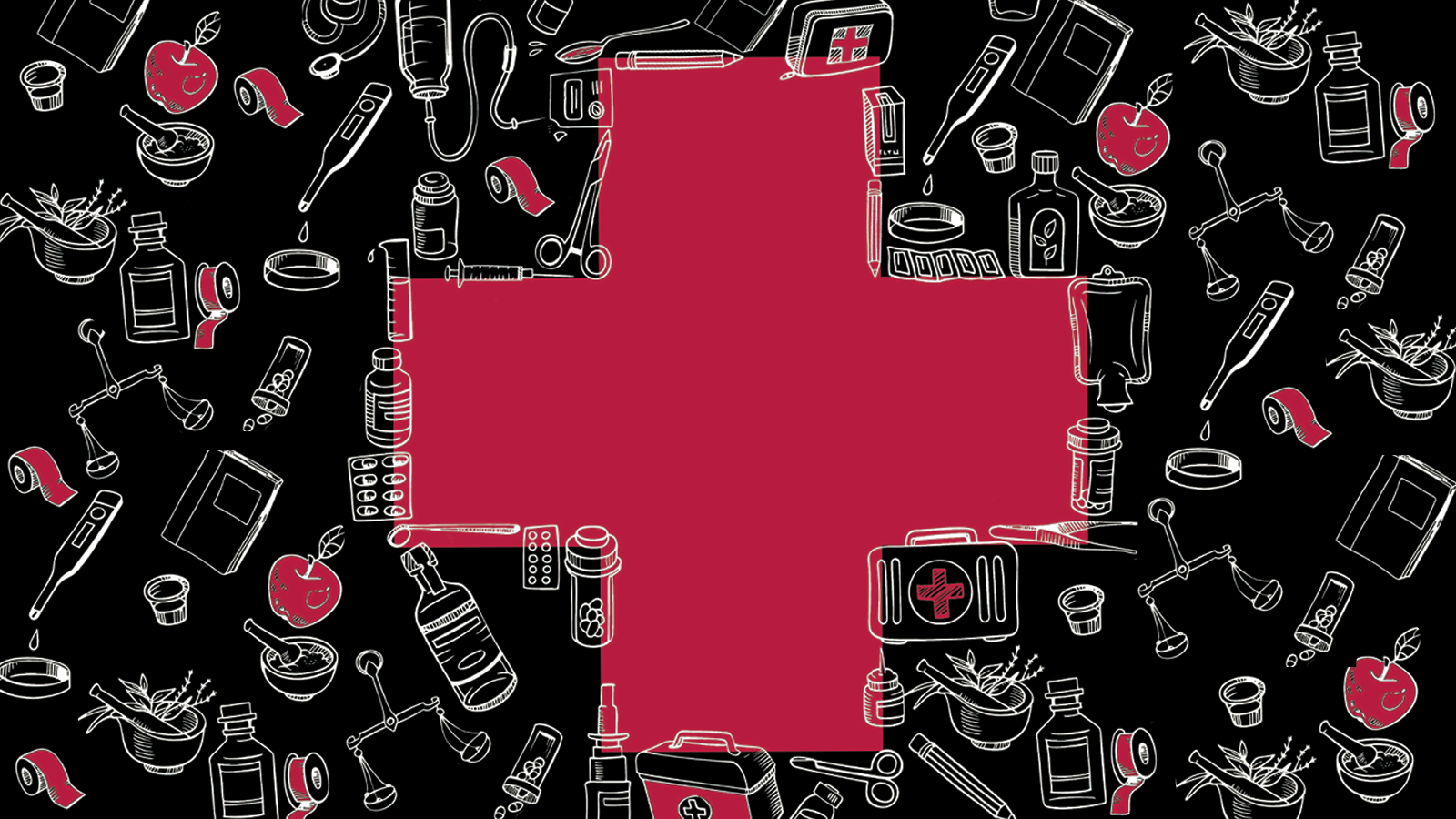 Red Cross with medical and humanities symbols 