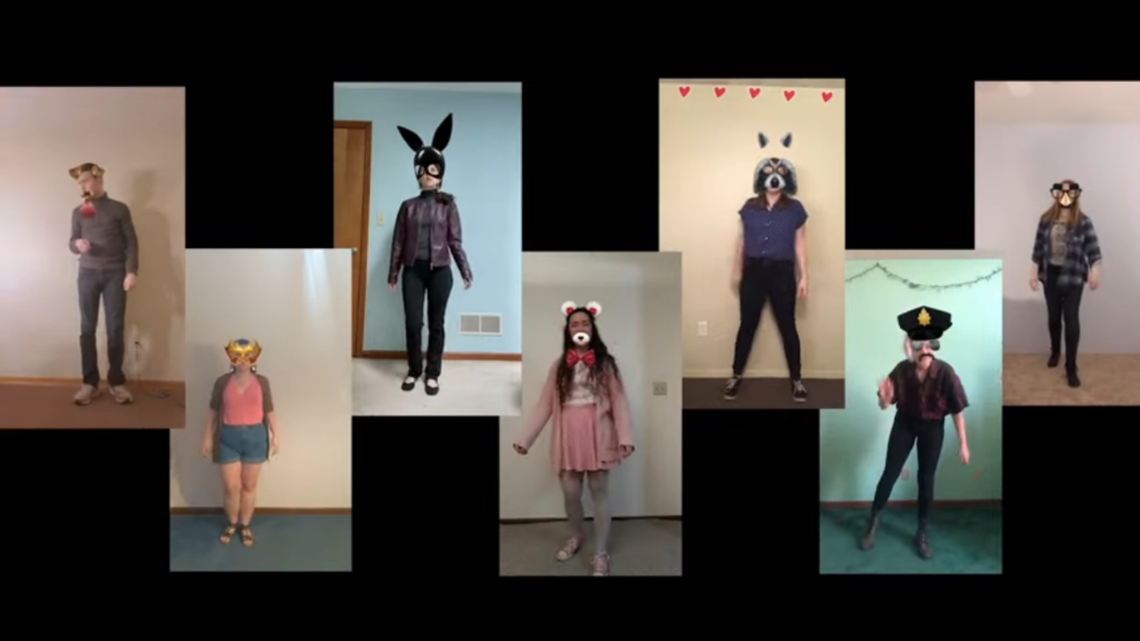 Several actors dancing with digital masks on, collaged on a screenshot
