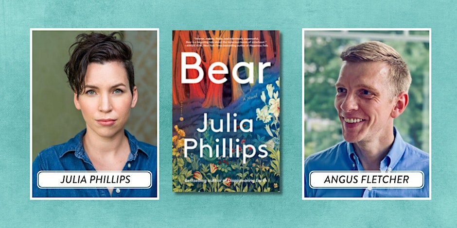 Composite image showing Jessica Phillips, Angus Fletcher, and the cover of Phillips' new novel, Bear