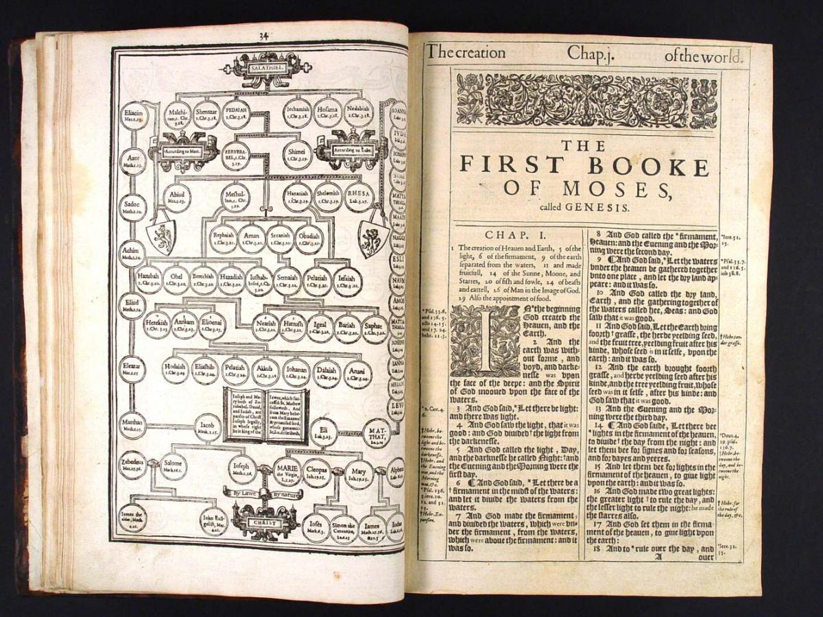 King James Bible open to the first book of Moses
