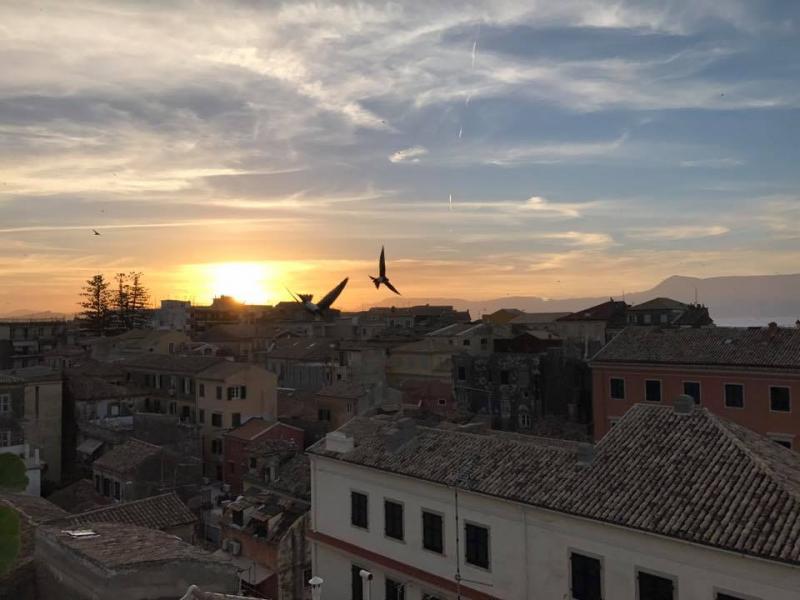 Sunset over rooftops in Corfu, Greece