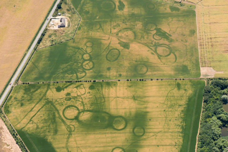 Aerial photograph of cropmarks on a rural field