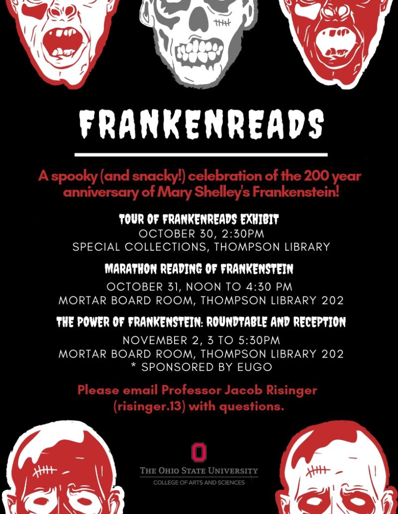 Black poster with illustrated images of red, black and white skulls