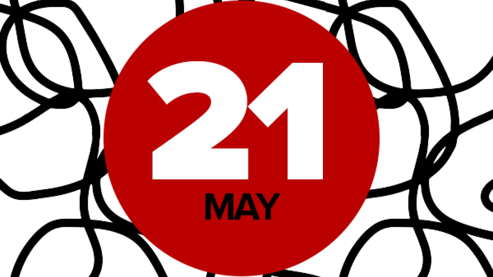 May 21 event graphic in black, white and red