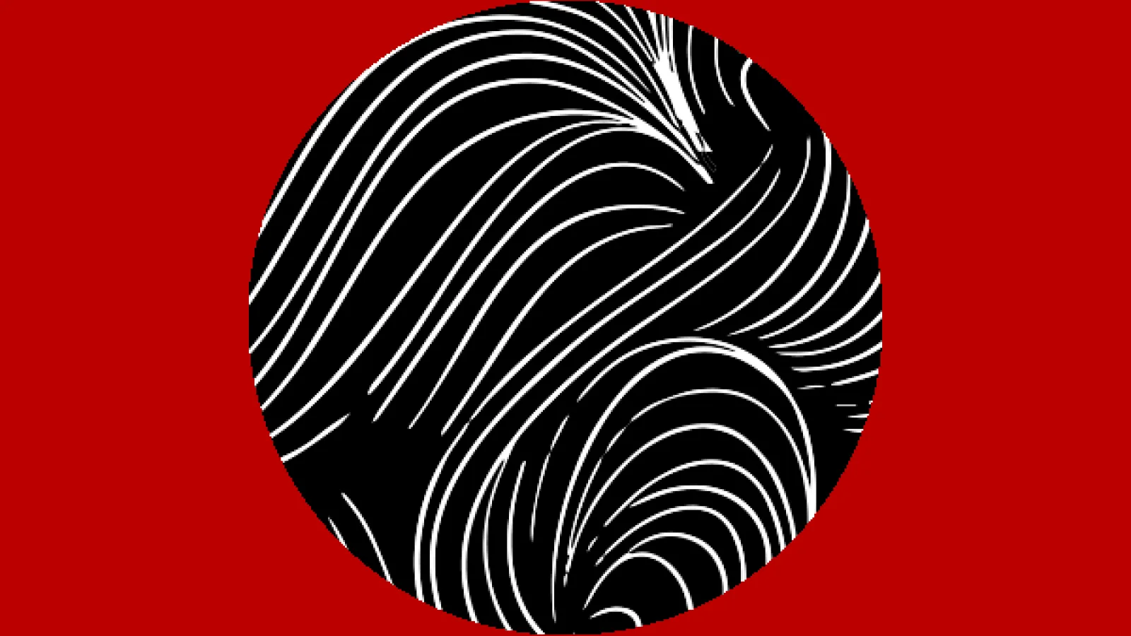 Black circle with white lines in it on a red background