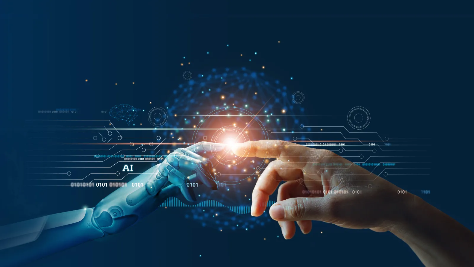 A human hand and a cybernetic hand touch, with a spark between their outstretched index fingers