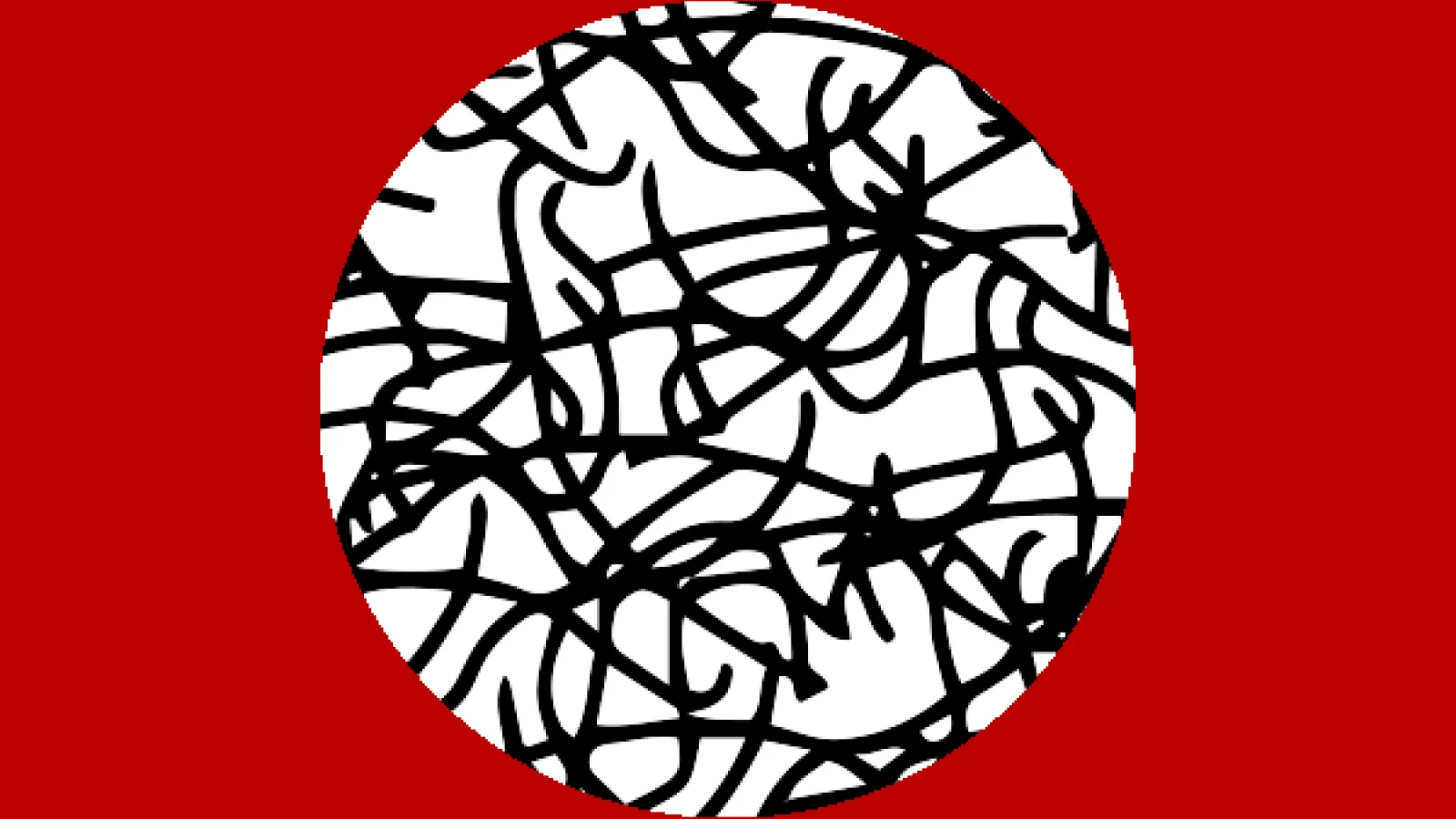 An abstract black and white drawing on a scarlet field