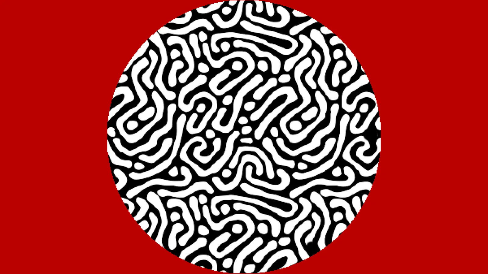 Black circle with white doodles and a red background