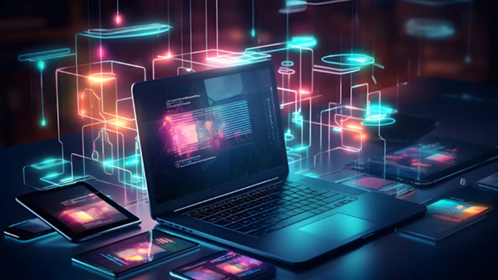 An open laptop computer surrounded by many other glowing, interconnected devices