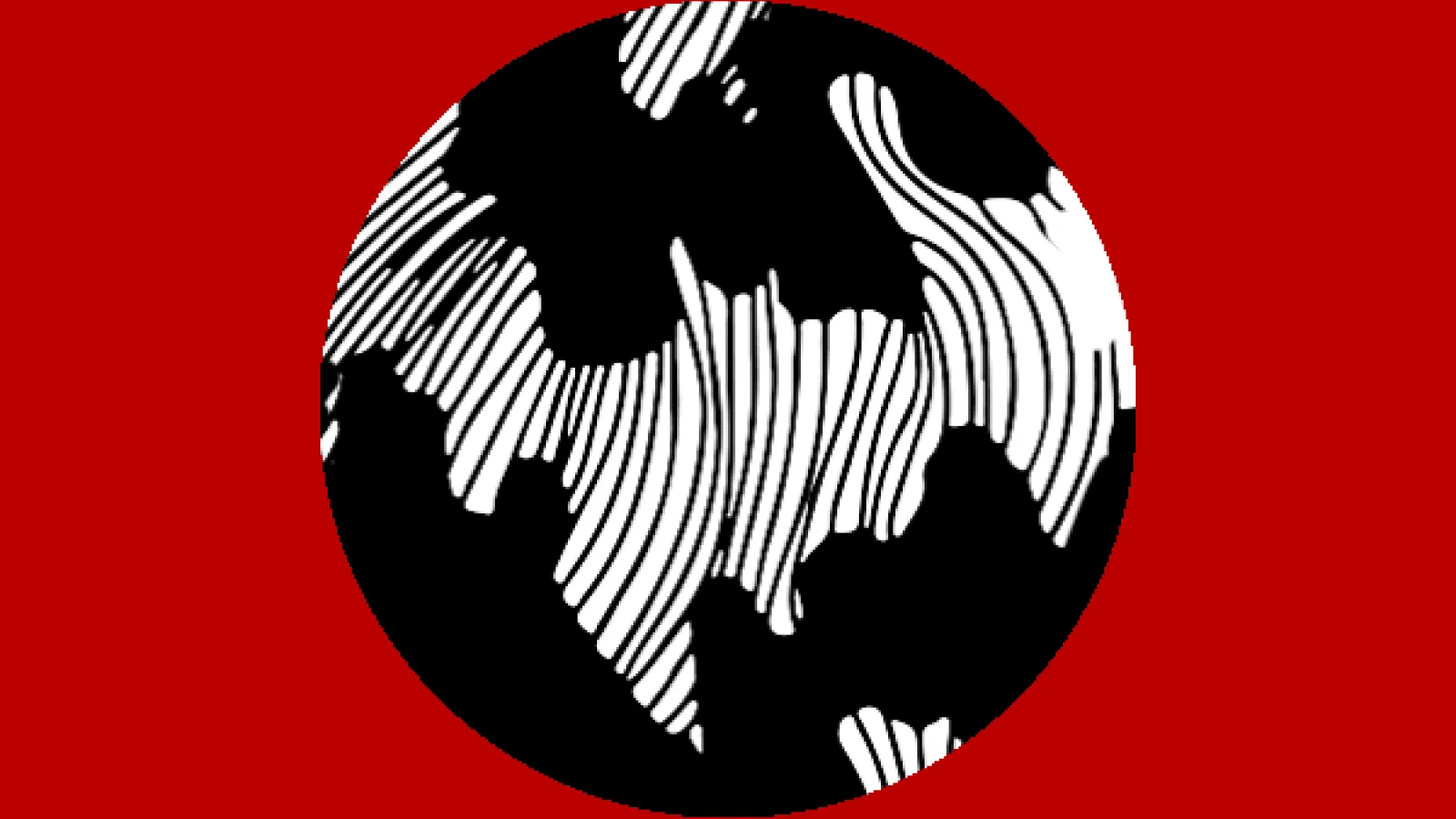 An abstract black and white drawing on a scarlet field