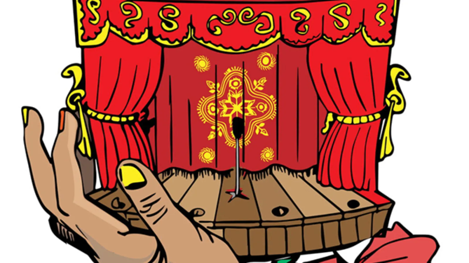 Line drawing of a small stage draped in red and gold curtains, held in the palm of a brown hand with painted anils