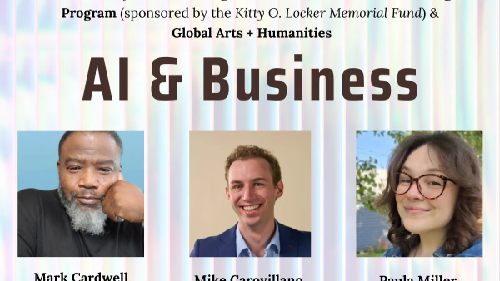 AI and Business panel poster with images of panelists and sponsorship information.