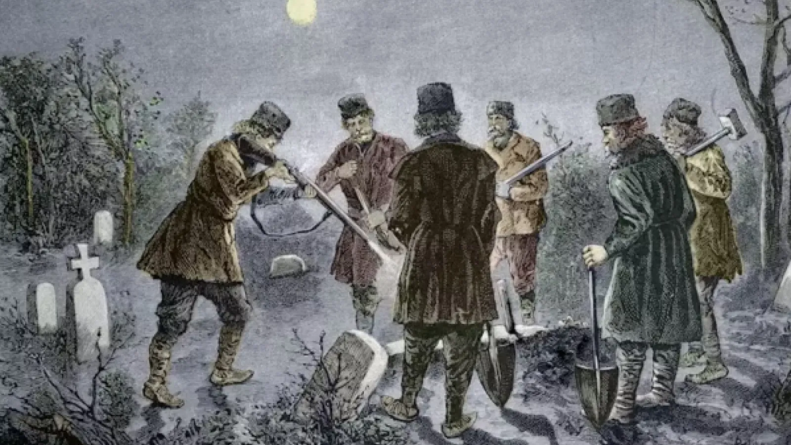 Illustration of a group of men looking into a dug up grave.