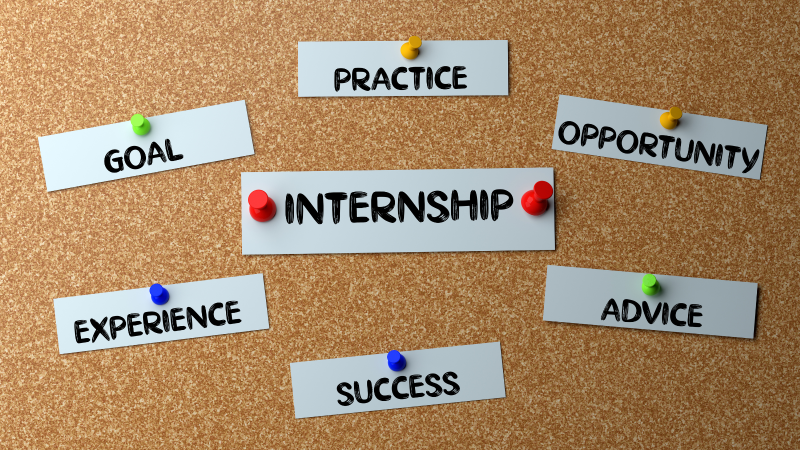 Bulletin board with pinned pieces of paper with the following words: Internship, practice, goal, opportunity, experience, success, advice"