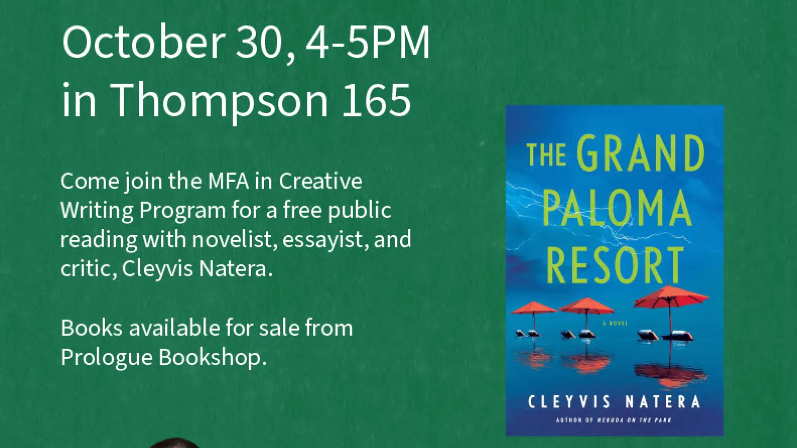 An infographic with a photo of Cleyvis Natera and the cover of her novel shares basic details of the reading event.