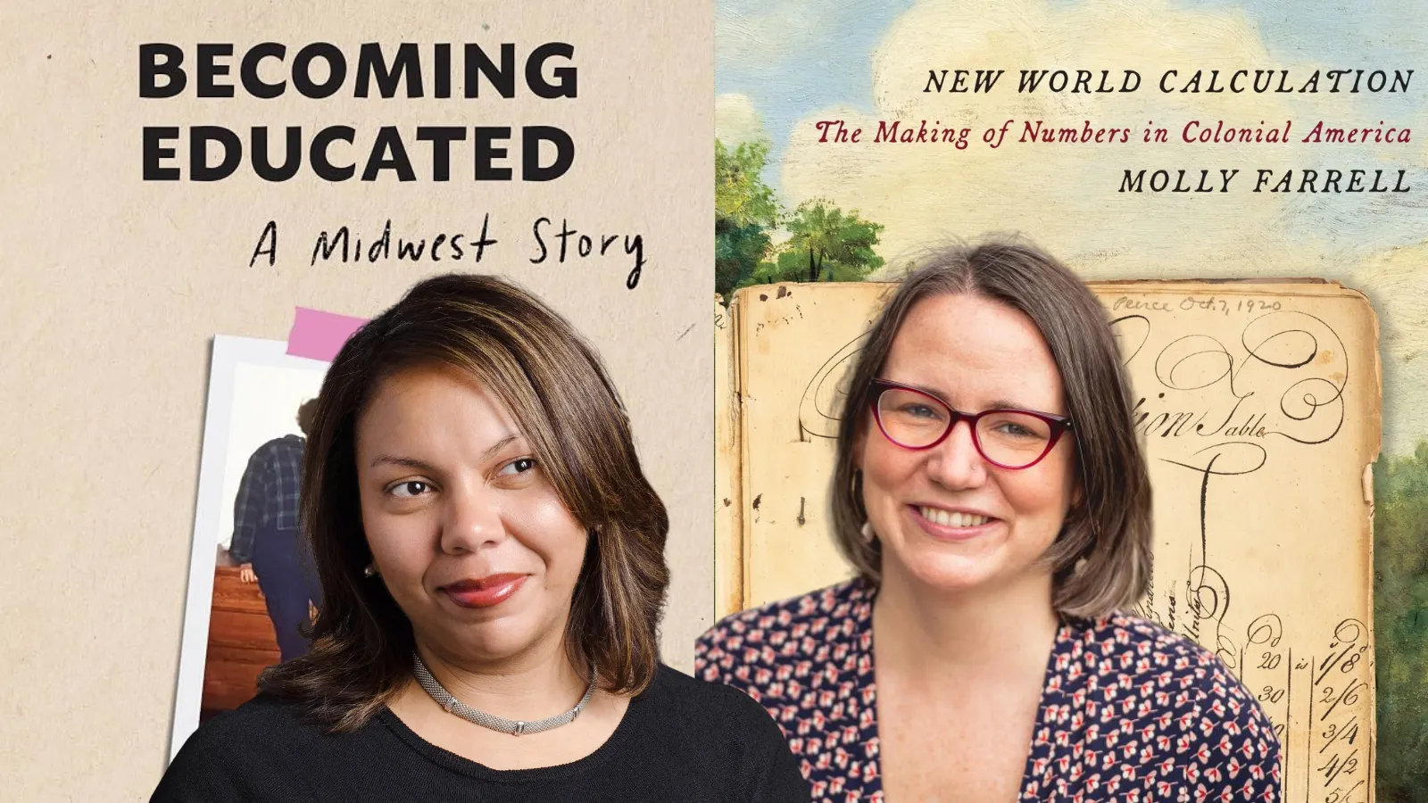professional headshots of Drake and Farrell overlayed in front of their respective book covers