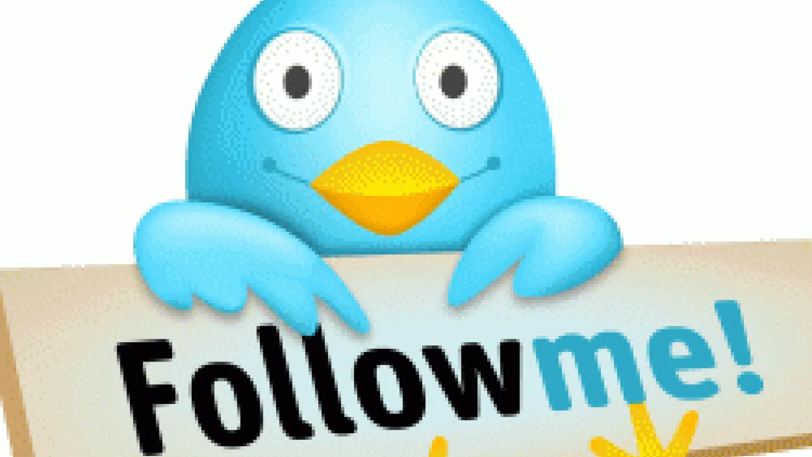 a blue bird holding a sign that reads "follow me"