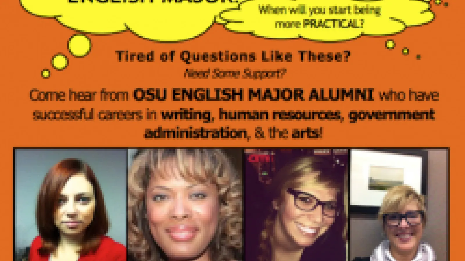 A collage of headshots with a large thought bubble reading What are you gonna do with an English major?