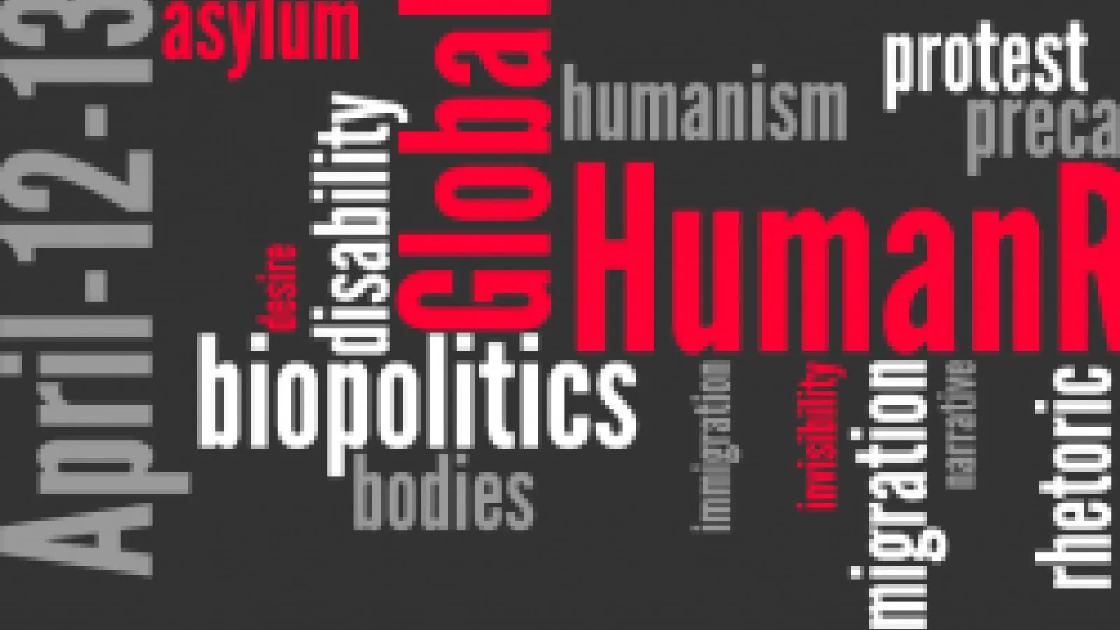 A word cloud in Ohio State colors, featuring the words biopolitics, asylum, and global human rights