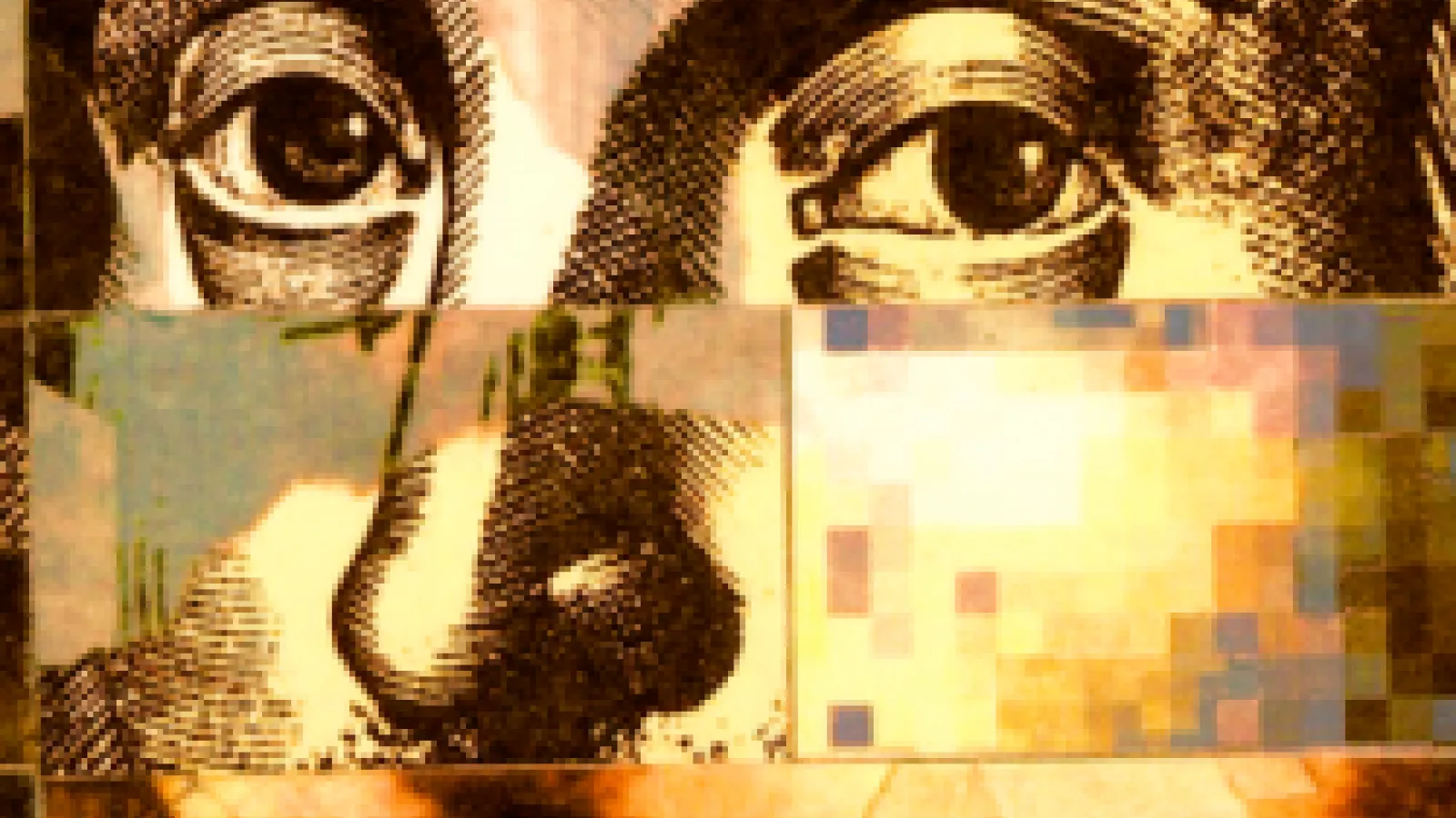 Closeup on a painting of William Shakespeare, portions of which have been pixelated