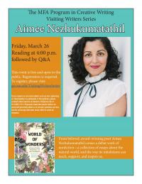 Event flyer with picture of Aimee Nezhukumatathil