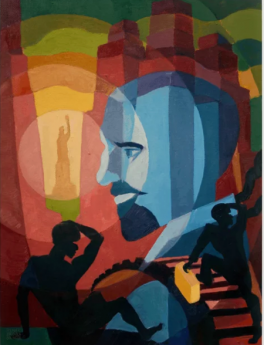 Bearded man, tinted blue, is against a multicolor backdrop. Additional silhouettes in foreground.