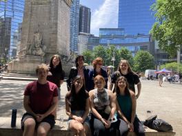 Students in front of New York Christopher Columbus monument