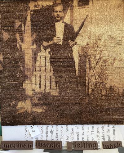 Lee Harvey Oswald with 3d printed words below that read "american oswald, a falling mask."