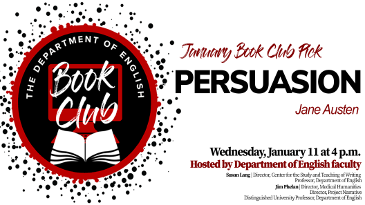 Book club graphic with information for January 2023 book club on Persuasion