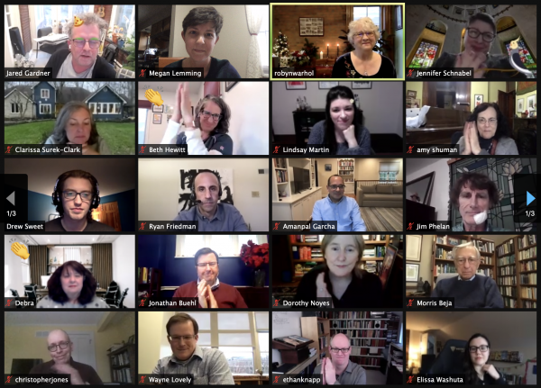 Screenshot of faculty, staff and graduate students attending a celebration via Zoom in commemoration of Robyn Warhol's service as department chair