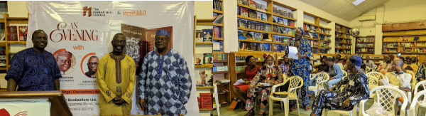 Adeleke Adeeko and others after Q&A at Booksellers, and audience at Booksellers reading