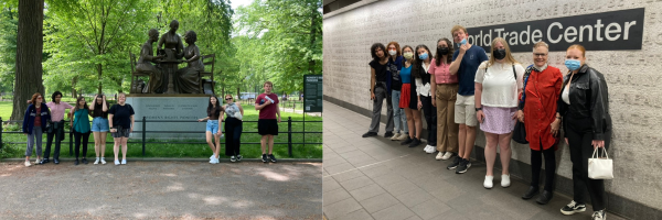 Field School students at the Women's Rights Pioneers Monument, and Field School students at World Trade Center installation