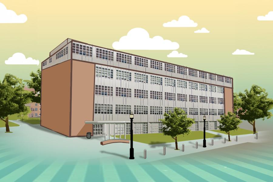 Denney Hall in a colorful stylized rendering