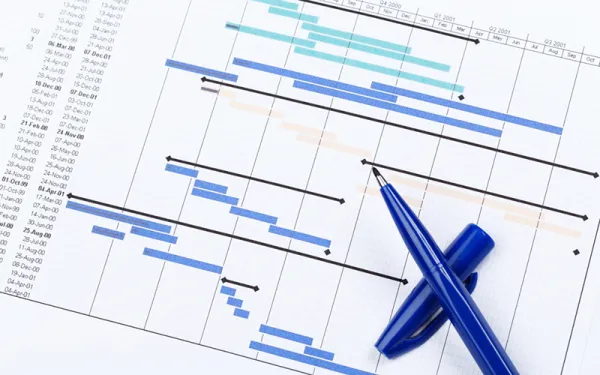 A chart of dates and times, with colored bars delineating periods of time
