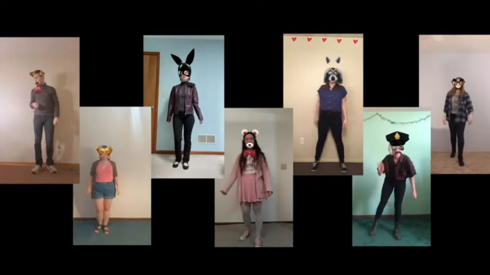 Several actors dancing with digital masks on, collaged on a screenshot