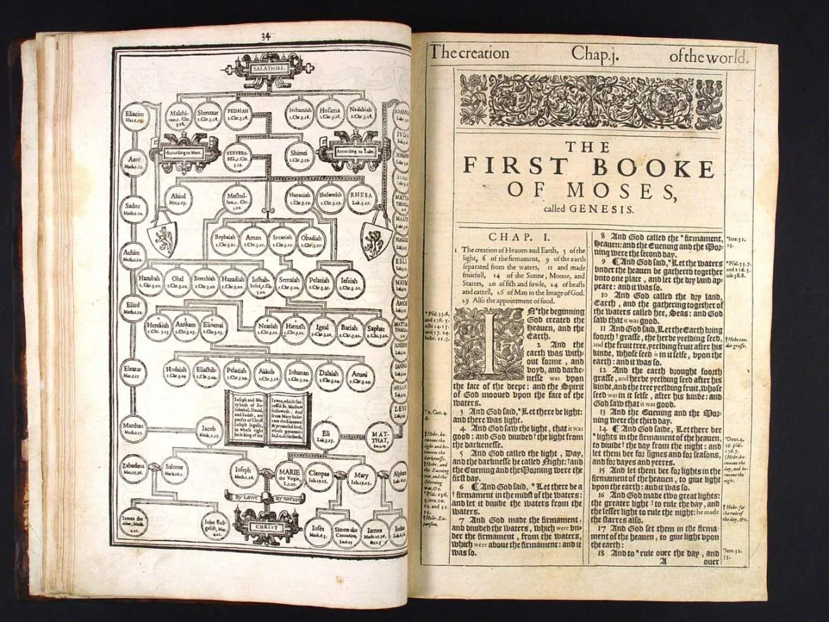 King James Bible open to the first book of Moses