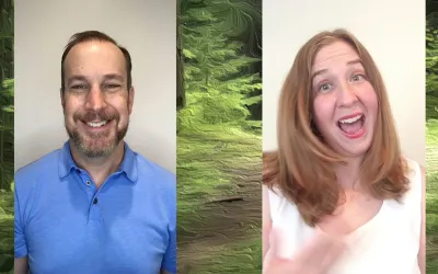 Two people look into the camera on a green background