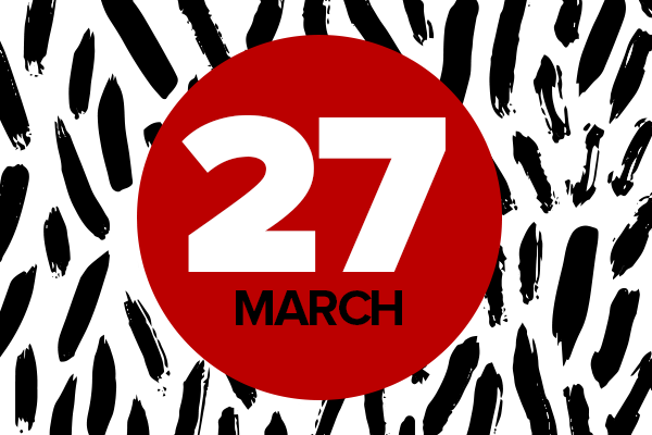 Black and white background with red circle and text: 27 March