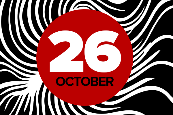 A black and white rectangle containing a red circle reading "October 26"