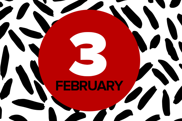 3 February in red circle on black and white background