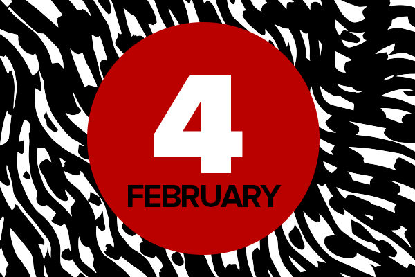 Red circle with "February 4" in center surrounded by black-and-white pattern