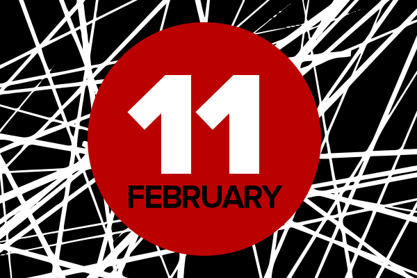 Red circle with February 11 in center with black and white background