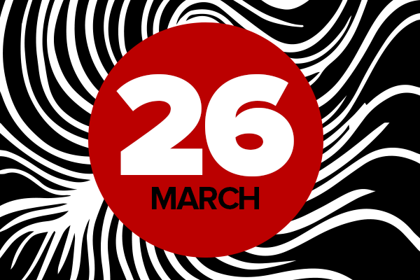 Black, white and red graphic of the date March 26