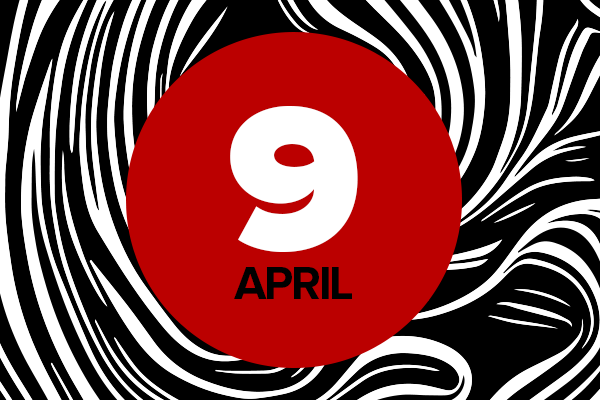 Red, black and white event graphic for April 9