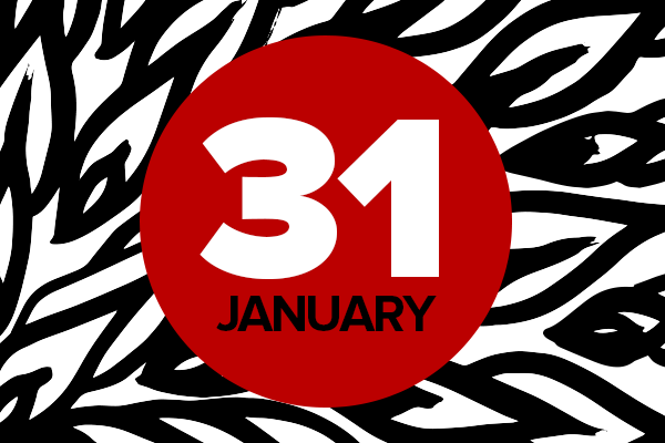 Graphic with a red circle reading "January 31" in front of a black and white background