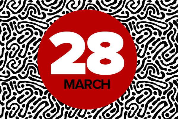 Graphic with a red circle reading "March 28" in front of a black and white background