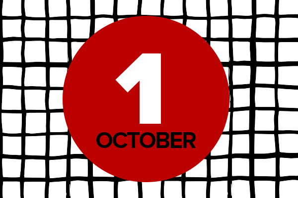 October 1 on a red circle in front of a black checkered background