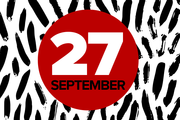 27 September on red circle on black and white background
