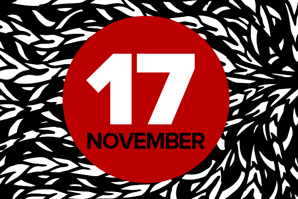 17 November on red circle on black and white background